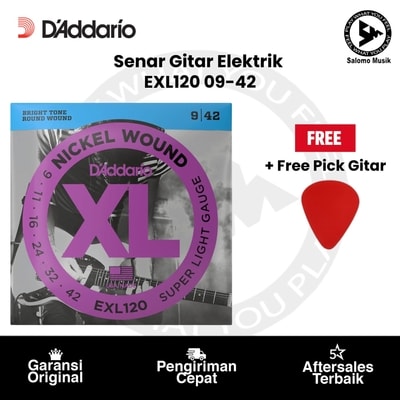 Senar Gitar Elektrik D'Addario EXL120 Nickel Wound Super Light 09-42 Original + Free Pick Gitar