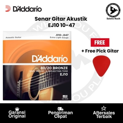 Senar Gitar Akustik D'Addario EJ10 80/20 Bronze Extra Light 10-47 Original + Free Pick Gitar