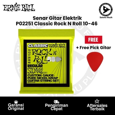 Senar Gitar Elektrik Ernie Ball P02251 Regular Slinky Classic Rock N Roll Pure Nickel Wrap 10-46 Original + Free Pick