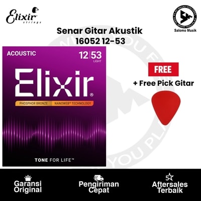 Senar Gitar Akustik Elixir 16052 Nanoweb Phosphor Bronze Light 12-53 + Free Pick Gitar