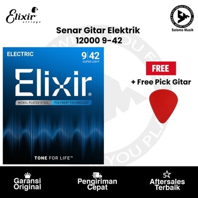 Senar Gitar Elektrik Elixir 12000 Super Light 09-42 Original + Free Pick Gitar