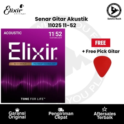 Senar Gitar Akustik Elixir 11025 Custom Light 11-52 + Free Pick Gitar