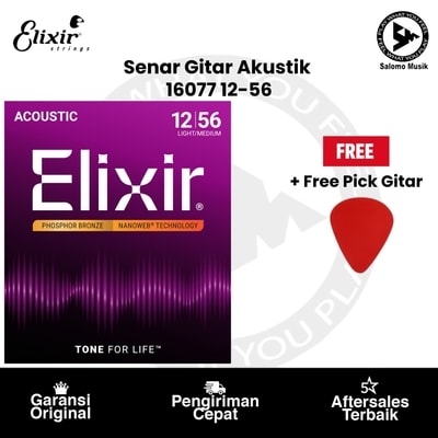 Senar Gitar Akustik Elixir 16077 Nanoweb Phosphor Bronze Light/Medium 12-56 + Free Pick Gitar