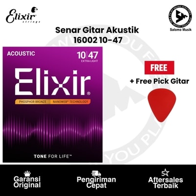 Senar Gitar Akustik Elixir 16002 Nanoweb Phosphor Bronze Extra Light 10-47 Original + Free Pick Gitar