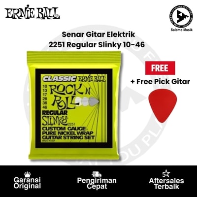 Senar Gitar Elektrik Ernie Ball 2251 Regular Slinky 10-46 Classic Rock N Roll Pure Nickel Wrap + Free Pick