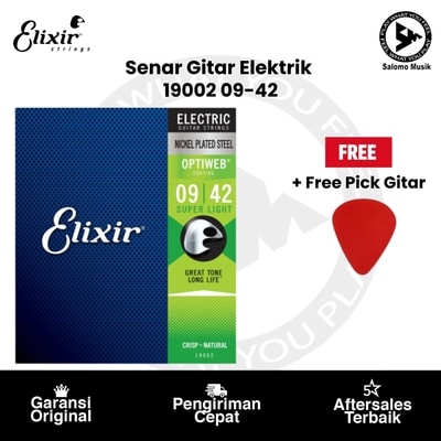 Senar Gitar Elektrik Elixir 19002 Optiweb Super Light 09-42 Original + Free Pick Gitar