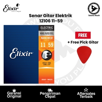 Senar Gitar Elektrik Elixir 12106 Nanoweb Medium 7 String 11-59 Original + Free Pick Gitar