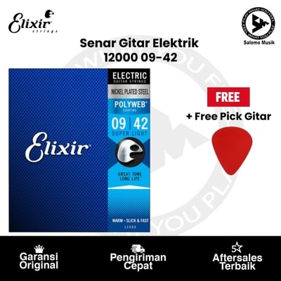 Senar Gitar Elektrik Elixir 12000 Super Light 09-42 Original + Free Pick Gitar