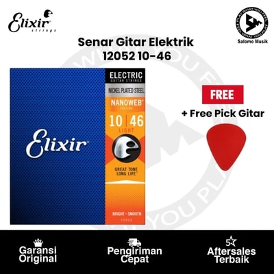 Senar Gitar Elektrik Elixir 12052 Nanoweb Light 10-46 Original + Free Pick Gitar