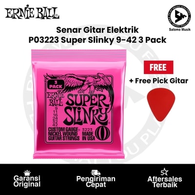 Senar Gitar Elektrik Ernie Ball P03223 Super Slinky Nickel Wound Electric Guitar Strings 9-42 3 Pack + Free Pick Gitar