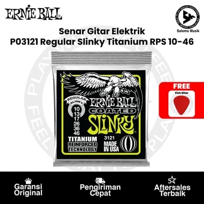 Senar Gitar Elektrik Ernie Ball P03121 Regular Slinky Titanium RPS Coated Electric Guitar Strings 10-46 + Free Pick Gitar