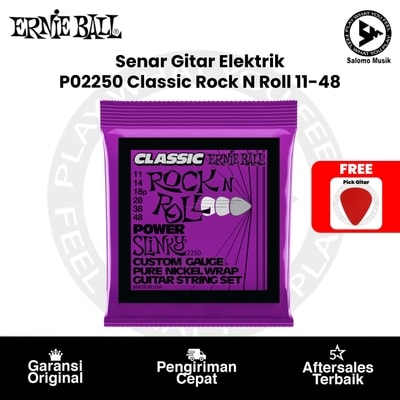 Senar Gitar Elektrik Ernie Ball P02250 Power Slinky Classic Rock N Roll Pure Nickel Wrap 11-48 Original + Free Pick Gitar