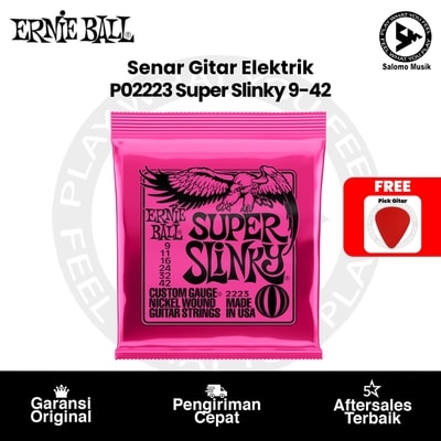 Senar Gitar Elektrik Ernie Ball P02223 Super Slinky Nickel Wound 9-42 Original + Free Pick Gitar