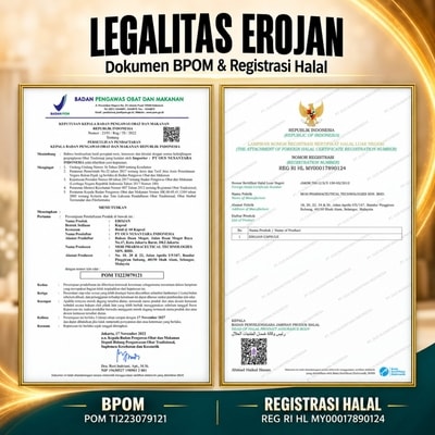 Dokumen BPOM dan sertifikat registrasi Halal Erojan