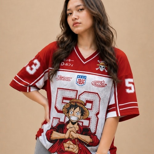 JERSIC - Jersey Anime Merah One Piece Monkey D. Luffy 53 Oversize Streetwear Dry Fit Unisex