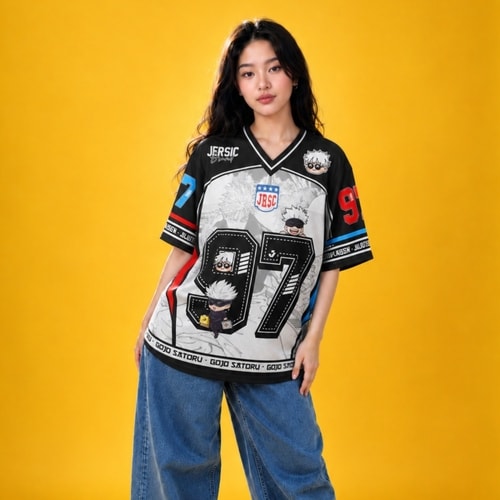 JERSIC - Jersey Anime Hitam Jujutsu Kaisen Gojo Satoru 97 Oversize Streetwear Dry Fit Unisex