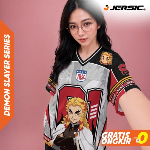 JERSIC - Jersey Anime Merah Demon Slayer Kyojuro 61 Oversize Streetwear Dry Fit Unisex