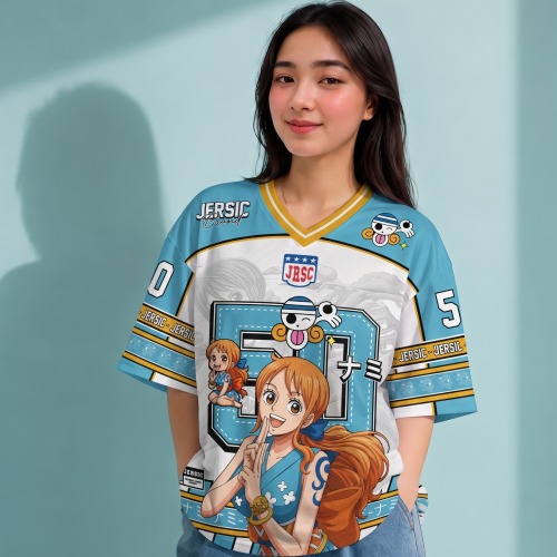 JERSIC - Jersey Anime Biru One Piece Nami 50 Oversize Streetwear Dry Fit Unisex