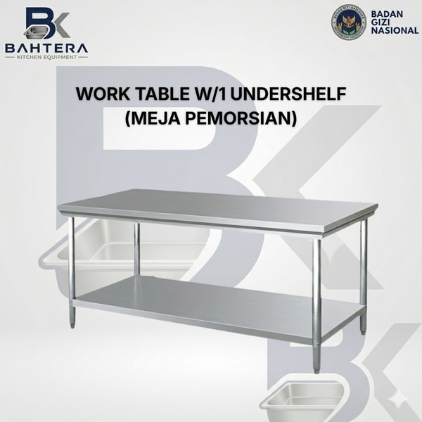 work table w 1 undershelf, meja pemorsian stainless steel, work table stainless steel, meja kerja stainless steel, meja dapur stainless, kitchen equipment stainless, pabrik kitchen equipment, supplier kitchen equipment, peralatan dapur stainless, kitchen equipment indonesia, meja pemorsian mbg, meja pembagian makanan, meja stainless catering, meja stainless restoran, meja stainless rumah sakit, meja stainless dapur industri, peralatan dapur mbg, makanan bergizi gratis, badan gizi nasional, pabrik peralatan dapur stainless, supplier peralatan dapur indonesia, bahtera kitchen equipment