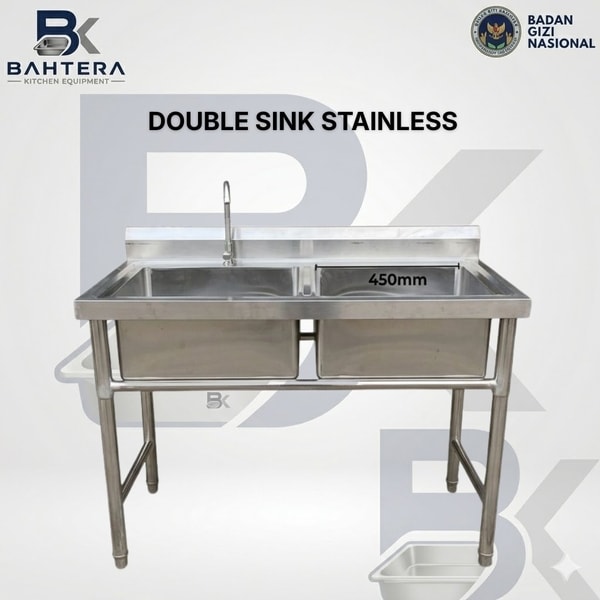 double sink stainless steel, sink stainless steel MBG, bak cuci piring industri, wastafel dapur MBG, sink dua kompartemen, sink stainless steel komersial, peralatan dapur MBG, sink dapur industri, double bowl sink stainless steel, sink SPPG, bak cuci dapur profesional, wastafel stainless steel industri, sink katering stainless steel, perlengkapan dapur makanan bergizi gratis, sink cuci peralatan dapur