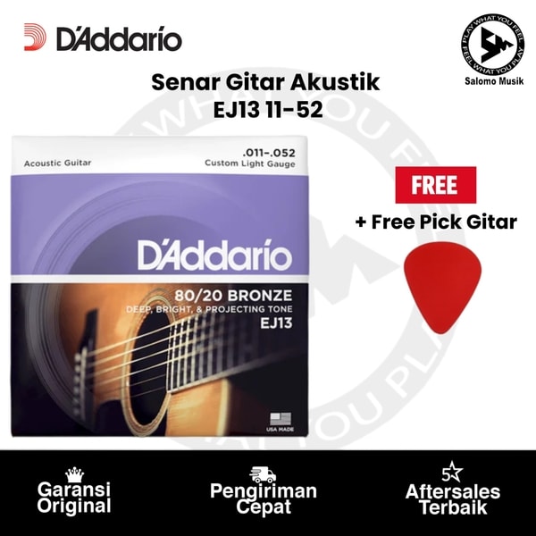 Senar Gitar Akustik D'Addario EJ13 80/20 Bronze Custom Light 11-52 Original + Free Pick Gitar