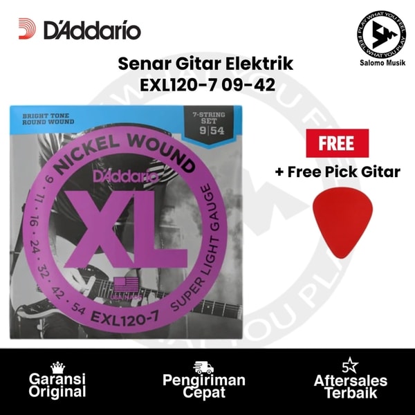 Senar Gitar Elektrik D'Addario EXL120-7 Nickel Wound Super Light 7-Strings 09-54 Original + Free Pick Gitar