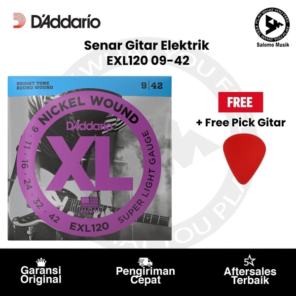 Senar Gitar Elektrik D'Addario EXL120 Nickel Wound Super Light 09-42 Original + Free Pick Gitar