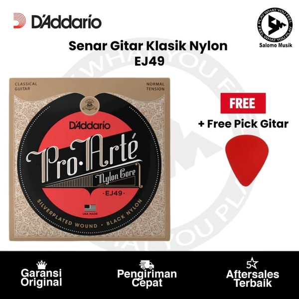 Senar Gitar Klasik Nylon D'Addario EJ49 Pro-Arte Black Normal Tension Original + Free Pick Gitar