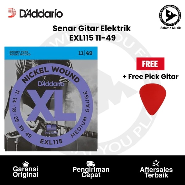 Senar Gitar Elektrik D'Addario EXL115 Nickel Wound Medium/Blues-Jazz Rock 11-49 Original + Free Pick Gitar