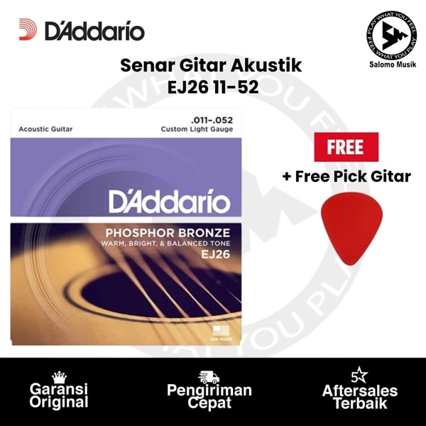 Senar Gitar Akustik D'Addario EJ26 Phosphor Bronze Custom Light 11-52 Original + Free Pick Gitar