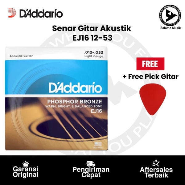 Senar Gitar Akustik D'Addario EJ16 Phosphor Bronze Light 12-53 Original + Free Pick Gitar