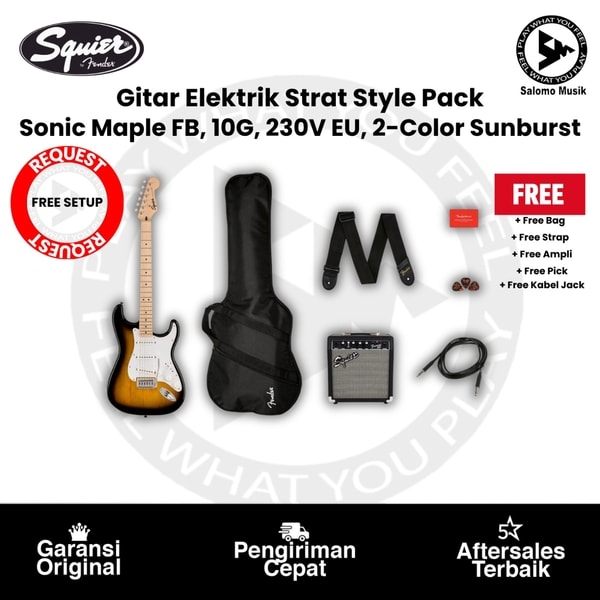 Gitar Elektrik Pack Squier Sonic Strat Style Pack Maple FB 10G 230V EU 2-Color Sunburst Original + Free Bag
