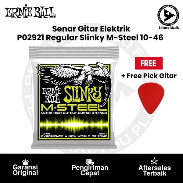 Senar Gitar Elektrik Ernie Ball P02921 Regular Slinky M-Steel 10-46 Original + Free Pick Gitar