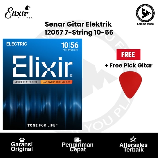 Senar Gitar Elektrik Elixir 12057 Nanoweb Light 7-String 10-56 + Free Pick Gitar