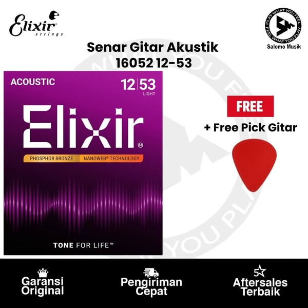 Senar Gitar Akustik Elixir 16052 Nanoweb Phosphor Bronze Light 12-53 + Free Pick Gitar