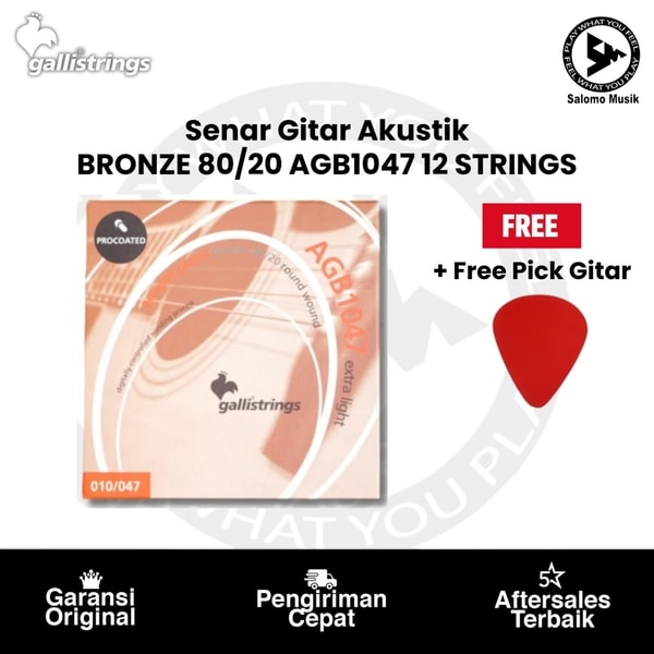 Senar Gitar Akustik Gallistring BRONZE 80/20 ROUND WOUND AGB1047 12 STRINGS + Free Pick Gitar