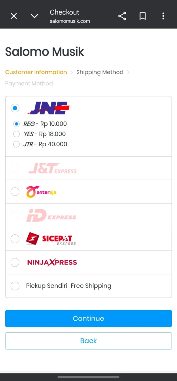 Cara order Salomo Musik langkah 5 pilih ekspedisi pengiriman