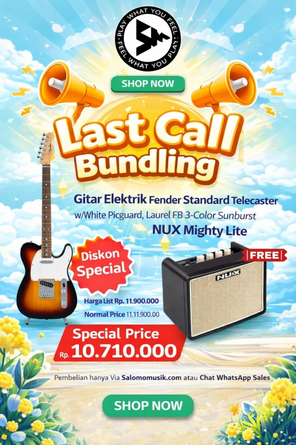LAST CALL BUNDLING! Gitar Elektrik Fender Standard Telecaster with White Pickguard Laurel FB 3-Tone Sunburst Original + Ampli NUX Mighty LITE