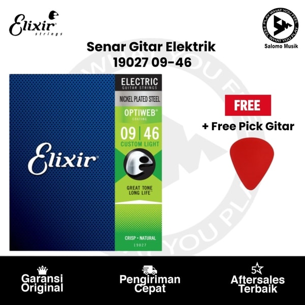 Senar Gitar Elektrik Elixir 19027 Custom Light 09-46 + Free Pick Gitar