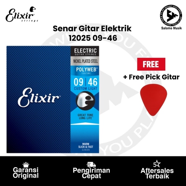 Senar Gitar Elektrik Elixir 12025 Polyweb Custom Light 09-46 Original + Free Pick Gitar