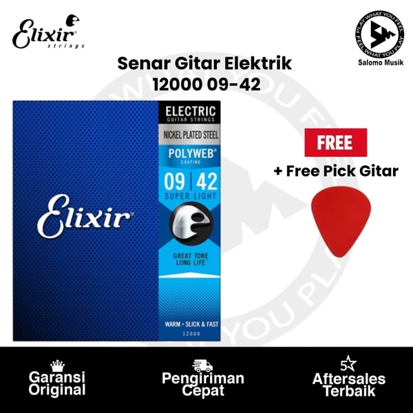 Senar Gitar Elektrik Elixir 12000 Super Light 09-42 Original + Free Pick Gitar