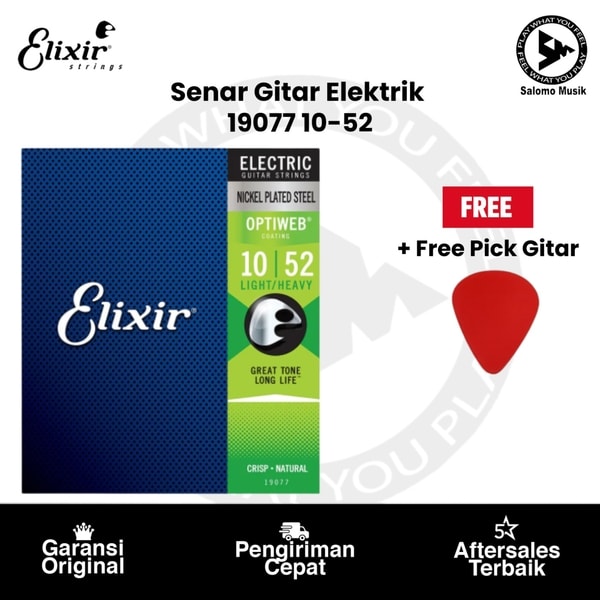 Senar Gitar Elektrik Elixir 19077 Optiweb Light-Heavy 10-52 Original + Free Pick Gitar
