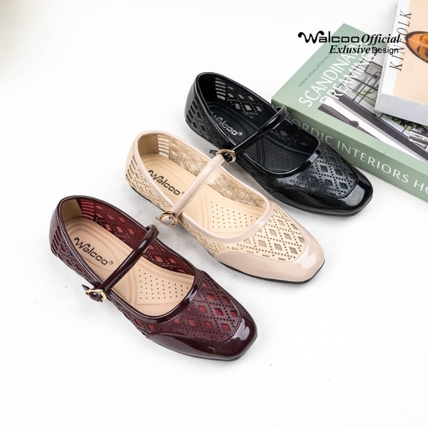 Walcoo Euclow flatshoes wanita model Mary Jane dengan tali buckle dan motif anyaman elegan, tersedia warna hitam, maroon, dan krem, sol anti-slip, cocok untuk kerja dan kasual