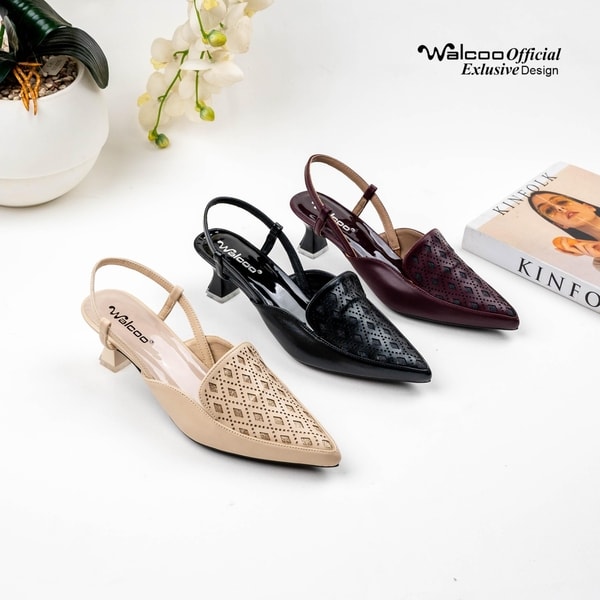 Sepatu heels wanita model slingback Walcoo warna cream, hitam, dan maroon dengan motif laser-cut dan hak pendek elegan