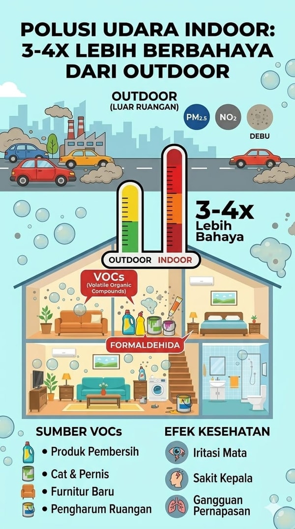 Infografis edukasi bahaya polusi udara dalam ruangan yang 3 hingga 4 kali lebih beracun dari luar ruangan akibat VOC dan debu. Konsultasikan solusi udara bersih menggunakan Coway Air Purifier bersama agen resmi Jamie Waterman