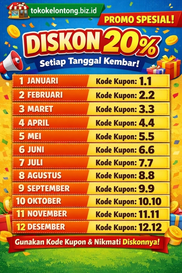 🎉- Promo Spesial Tokokelontong: Diskon 20% Setiap Tanggal Cantik! 🎉