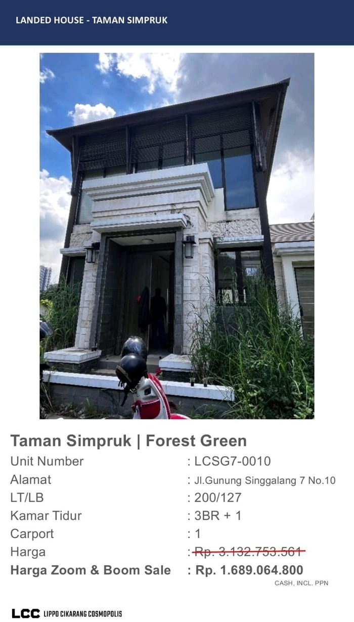 Rumah Dijual As is di Lippo Cikarang Cluster Forest Green Taman Simpruk unit standard (ex Buy Back)
