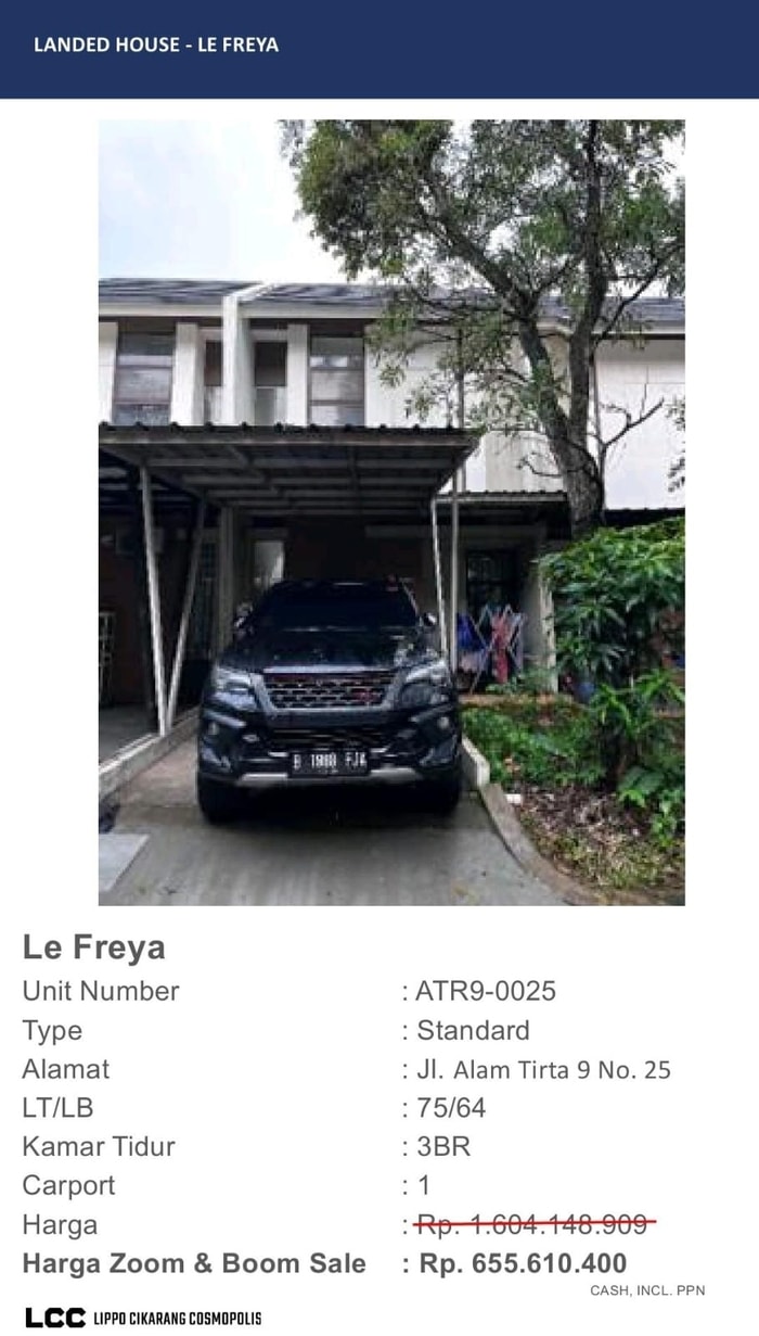 Rumah Dijual As is Lippo Cikarang Cluster Le Freya unit standard (ex Buy Back)