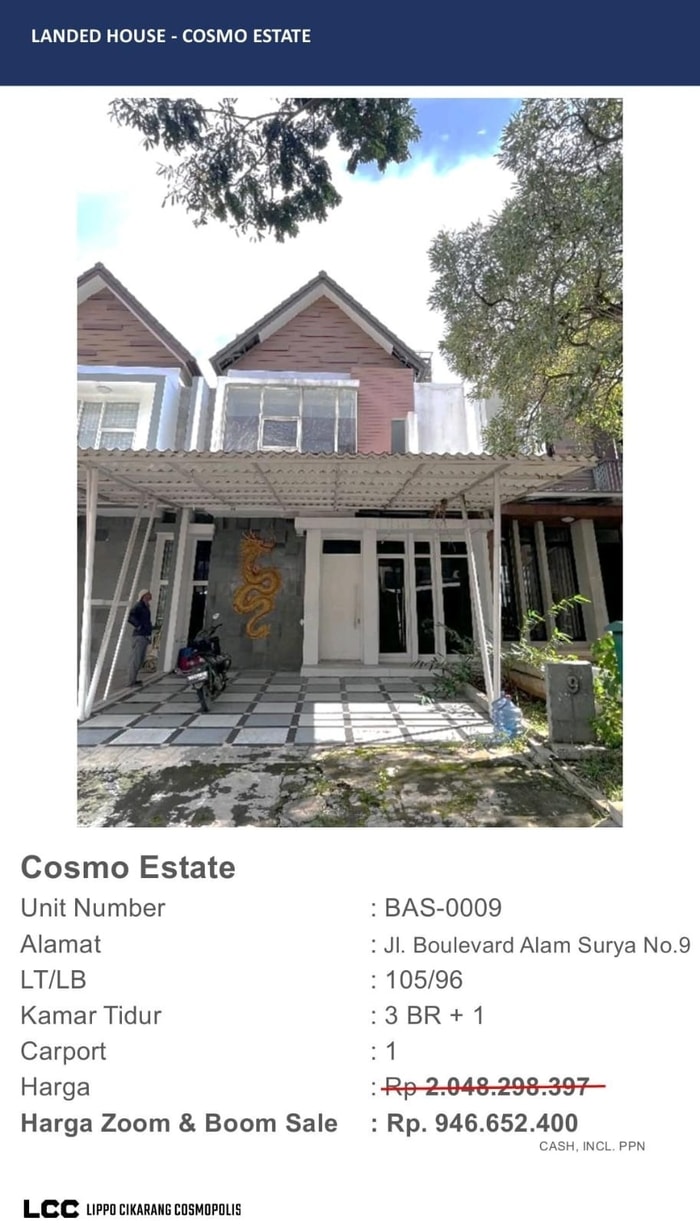 Rumah Dijual As is di Lippo Cikarang Cluster Cosmo Estate unit non standard (ex Buy Back)