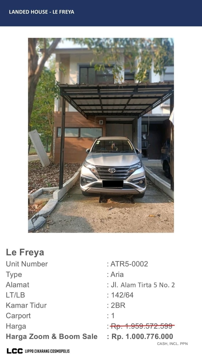 Rumah Dijual As is di Lippo Cikarang Cluster Le Freya unit non standard (ex Buy Back)